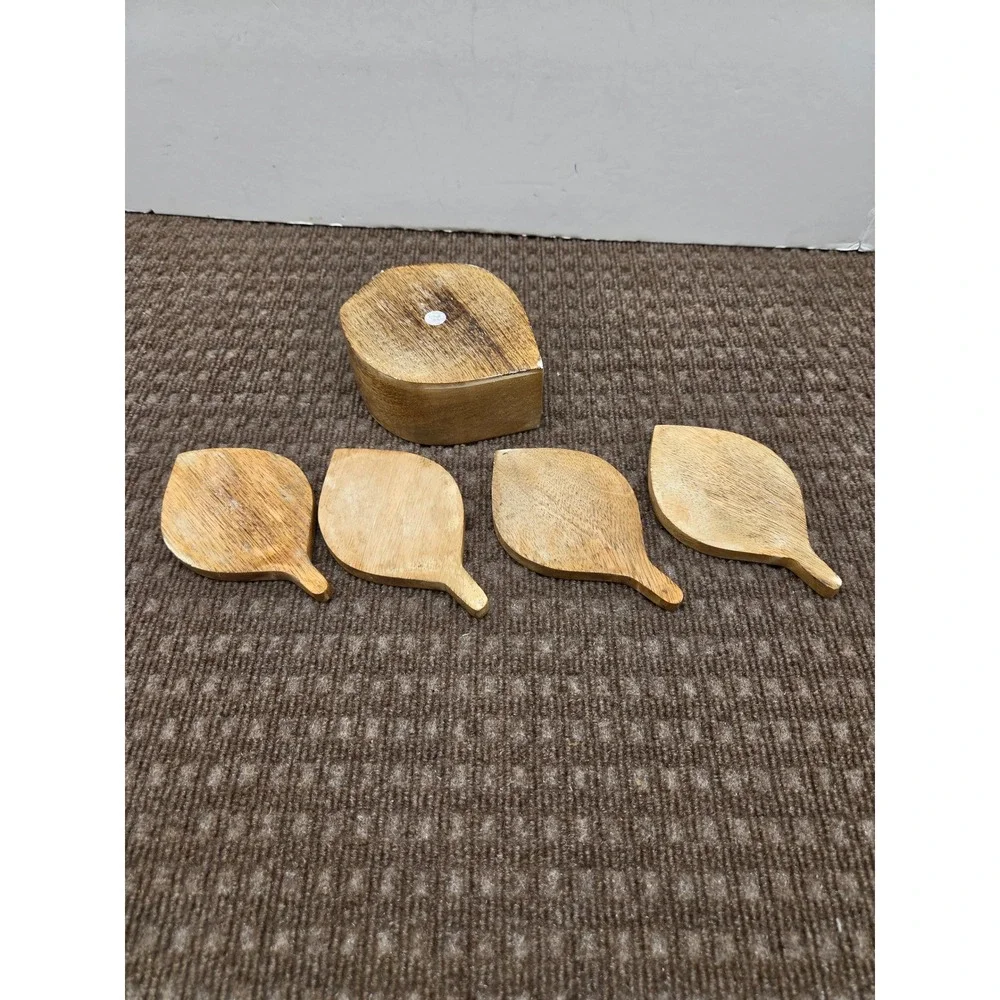 Vintage Wooden Leaf Coaster Set with Holder 4 Piece Natural Wood Carved Design